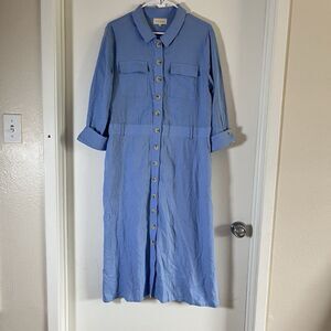 Anthropologie Melloday Blue Linen 3/4 sleeve Button Down Safari Dress womens L